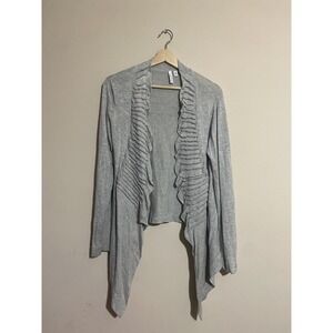 Beatrix Ost Light Gray Long Cardigan Sweater Sleeves Ruffled Front Size Med